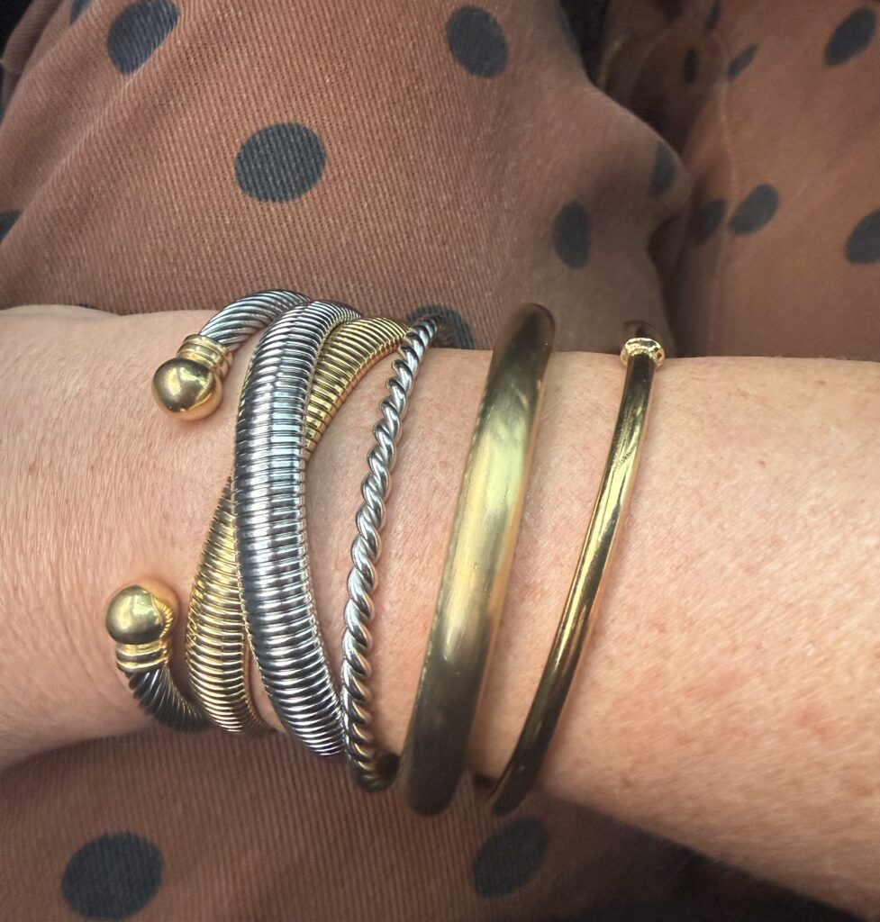 Mixed metal bangle and cuff bracelet stack